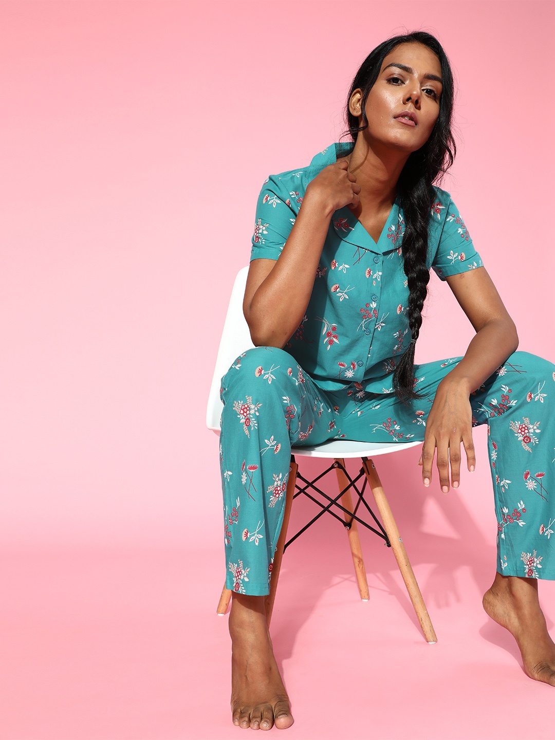 

HERE&NOW Women Green & Red Printed Pure Cotton Pyjamas Set