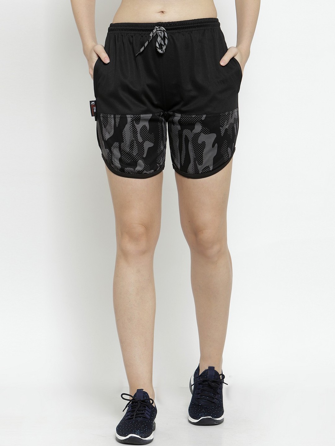 

KLOTTHE Women Black & Grey Camouflage Printed Rapid Dry Training & Gym Shorts
