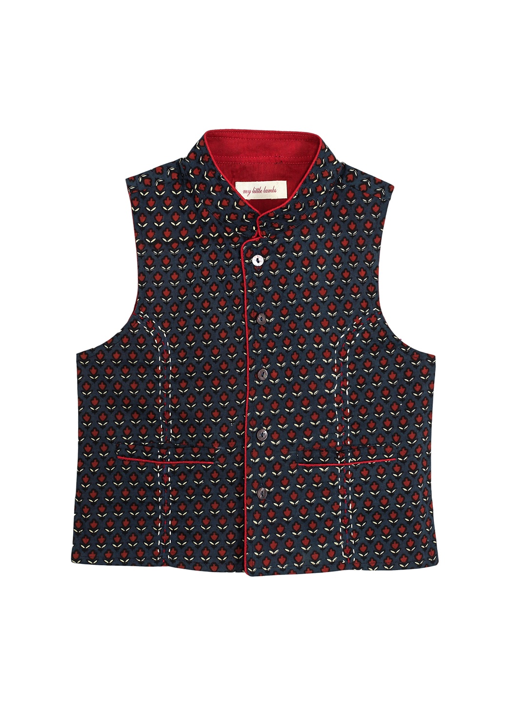 

My Little Lambs Boys Blue & Red Printed Cotton Nehru Jacket