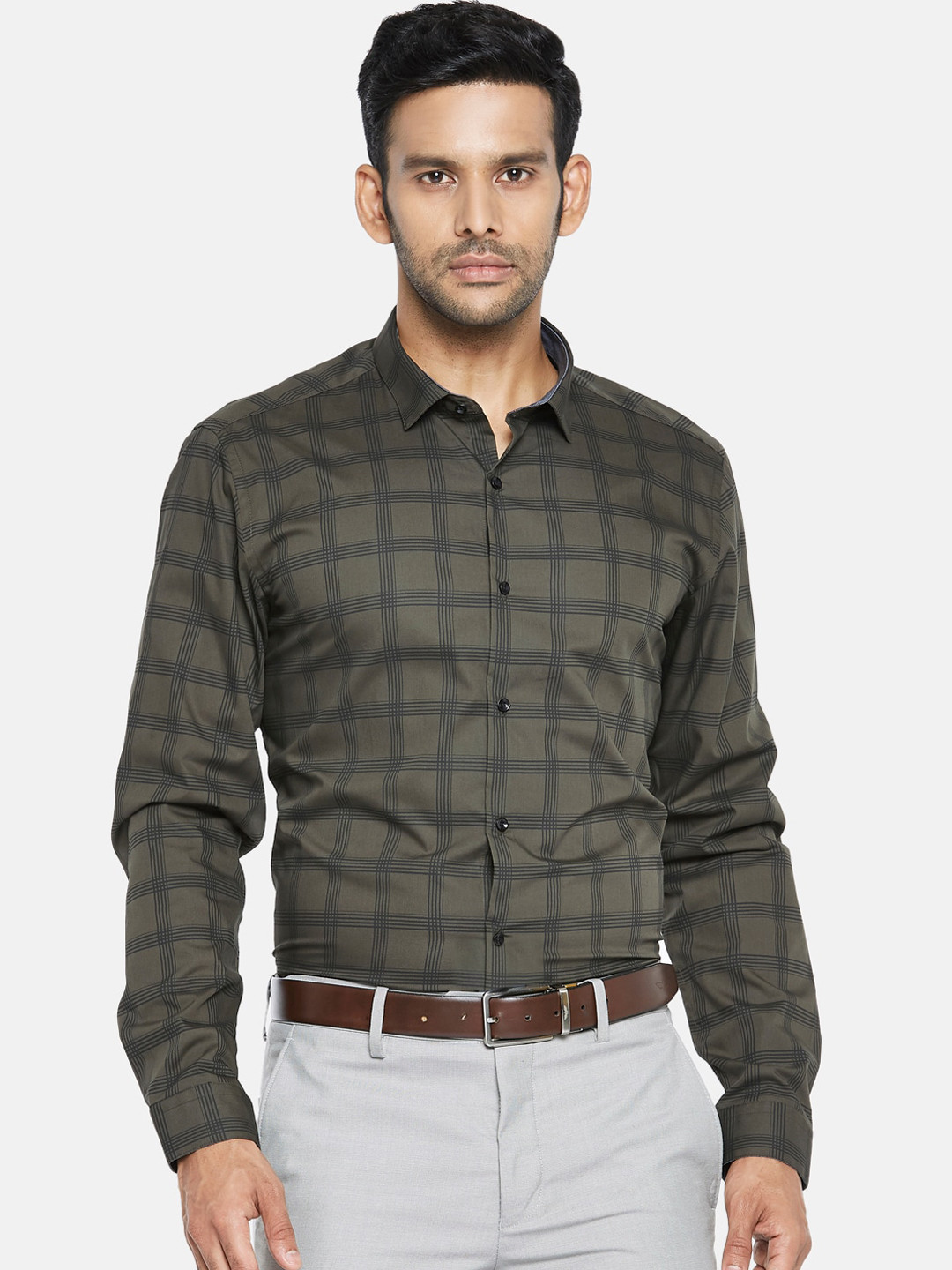 

RICHARD PARKER by Pantaloons Men Olive Green Slim Fit Checked Casual Shirt