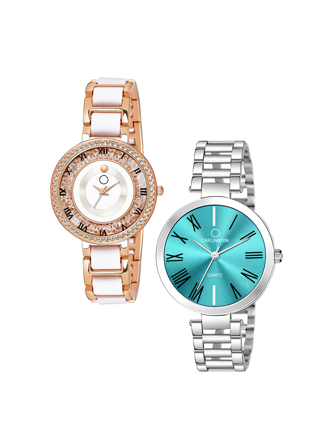 

CARLINGTON Women Set of 2 Stainless Steel Bracelet Style Straps Watches, Rose gold