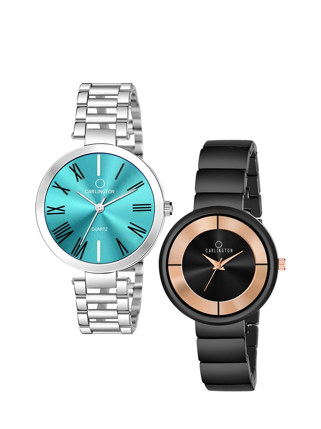 

CARLINGTON Women Set of 2 Stainless Steel Bracelet Style Straps Analogue Watches, Black