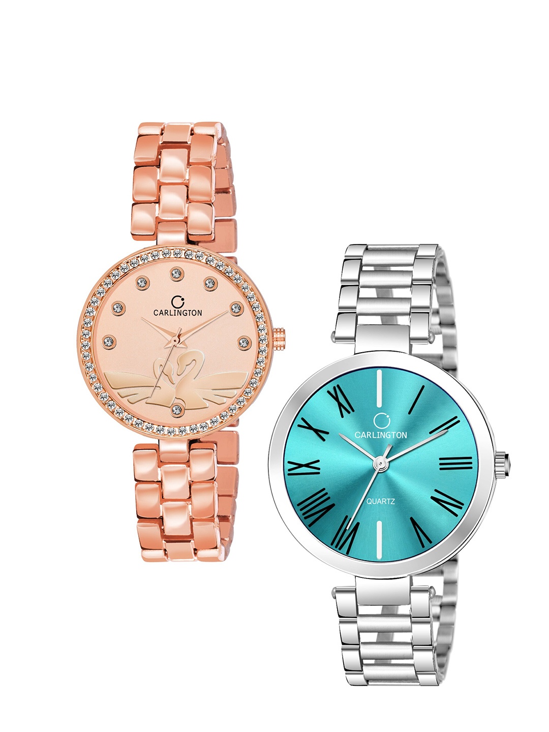 

CARLINGTON Women Set of 2 Stainless Steel Bracelet Style Straps Analogue Watches, Rose gold