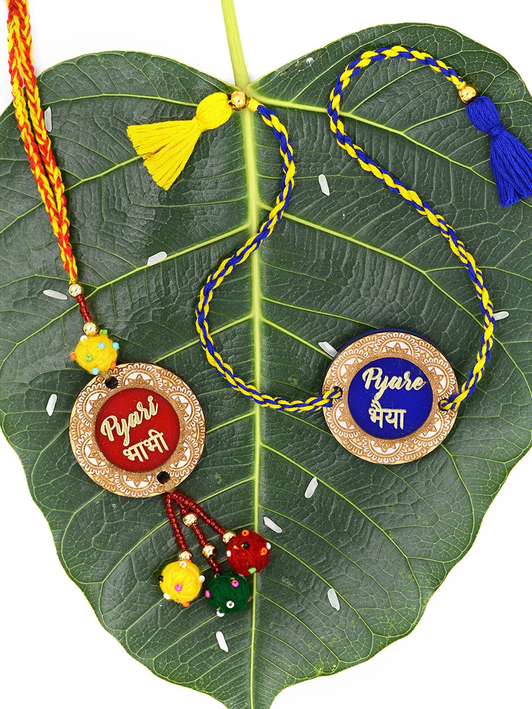 

Krafted with Happiness Multicoloured Pyare Bhaiya Pyari Bhabhi Rakhi and Lumba Set, Multi