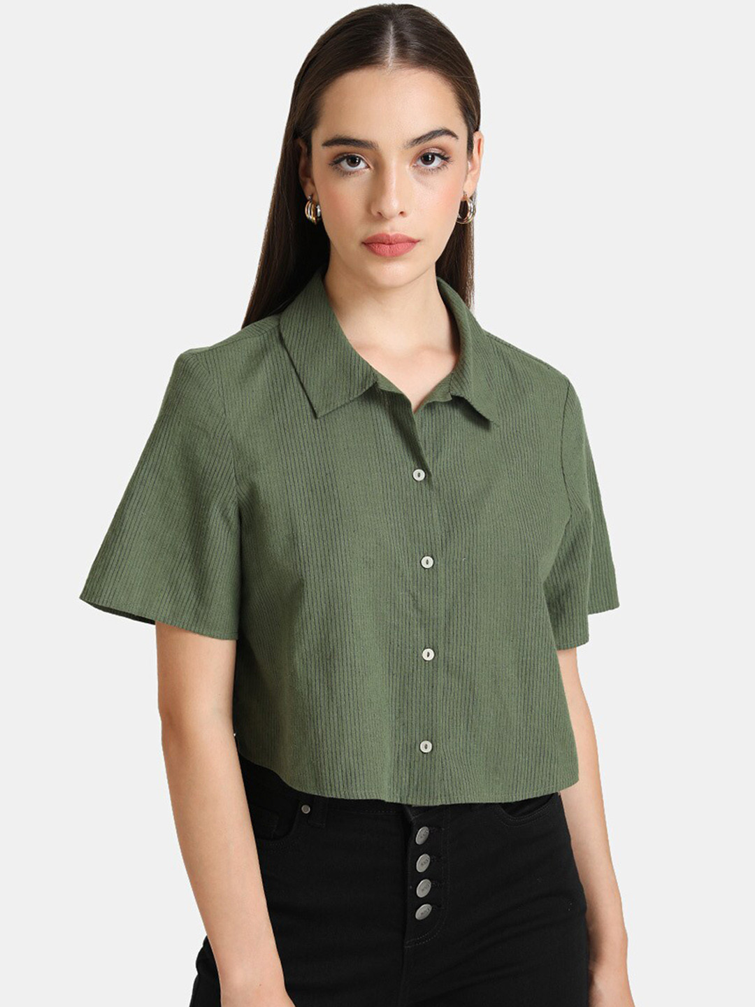 

Kazo Women Olive Green Boxy Striped Casual Shirt