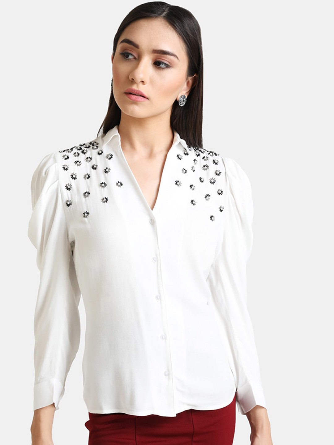 

Kazo Women White Embellished Puff Sleeves Shirt