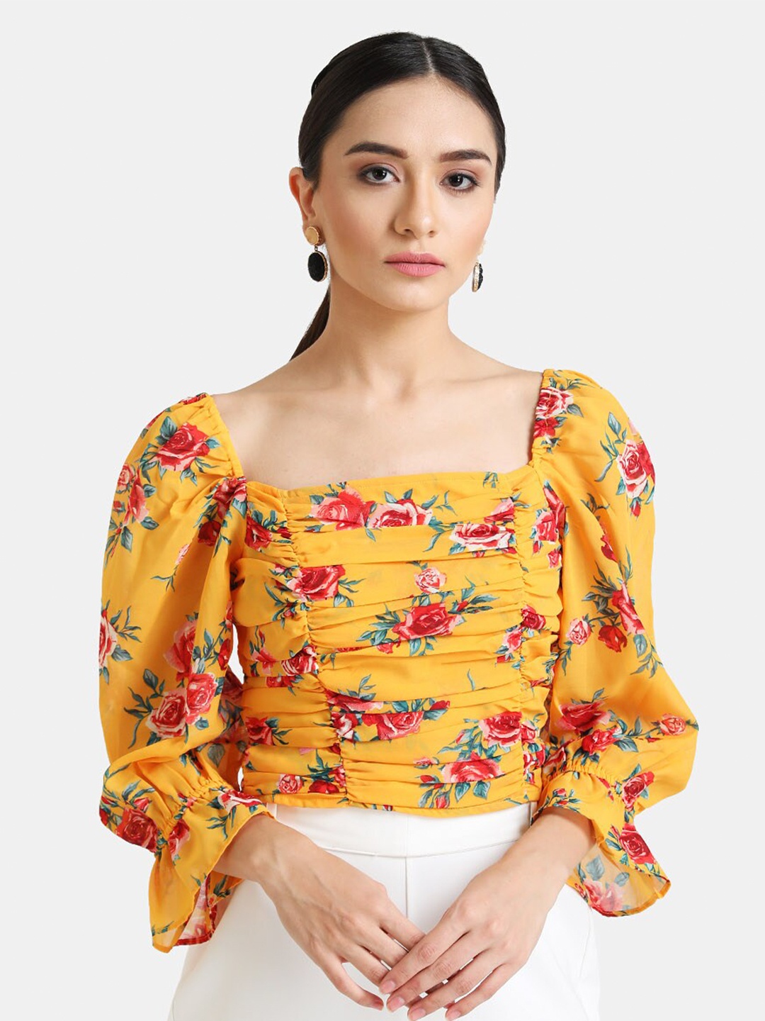 

Kazo Yellow & pale marigold Floral Regular Top