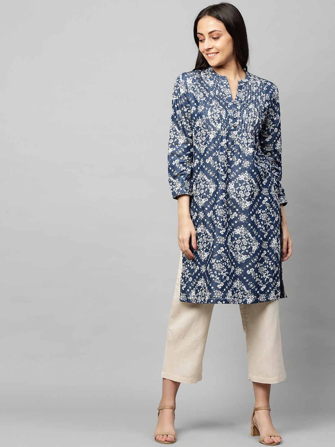 

Modern Indian by CHEMISTRY Women Blue Printed Denim Kurta