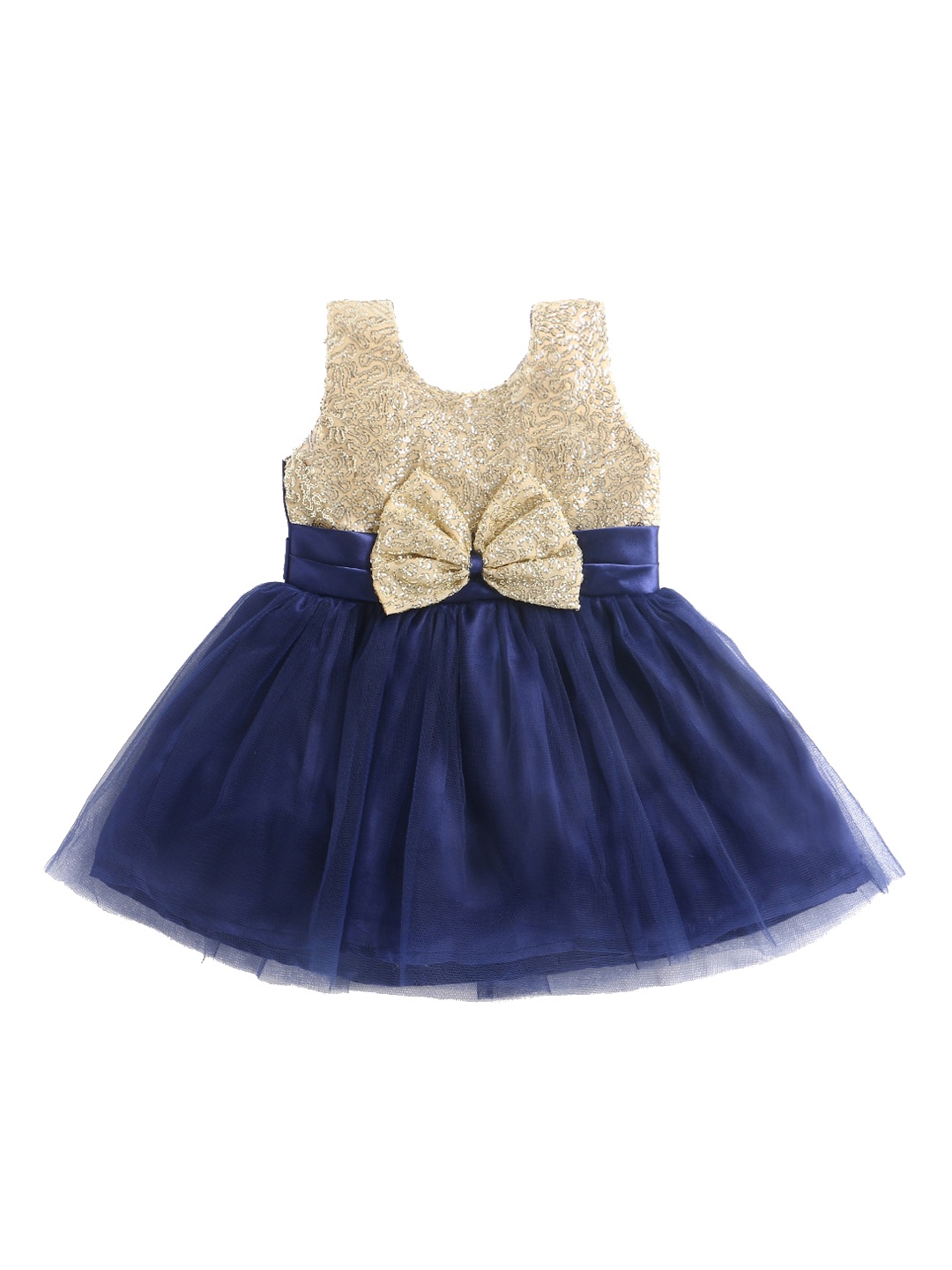 

The Magic Wand Girls Navy Blue and Gold-Toned Satin Embellished Fit and Flare Dress