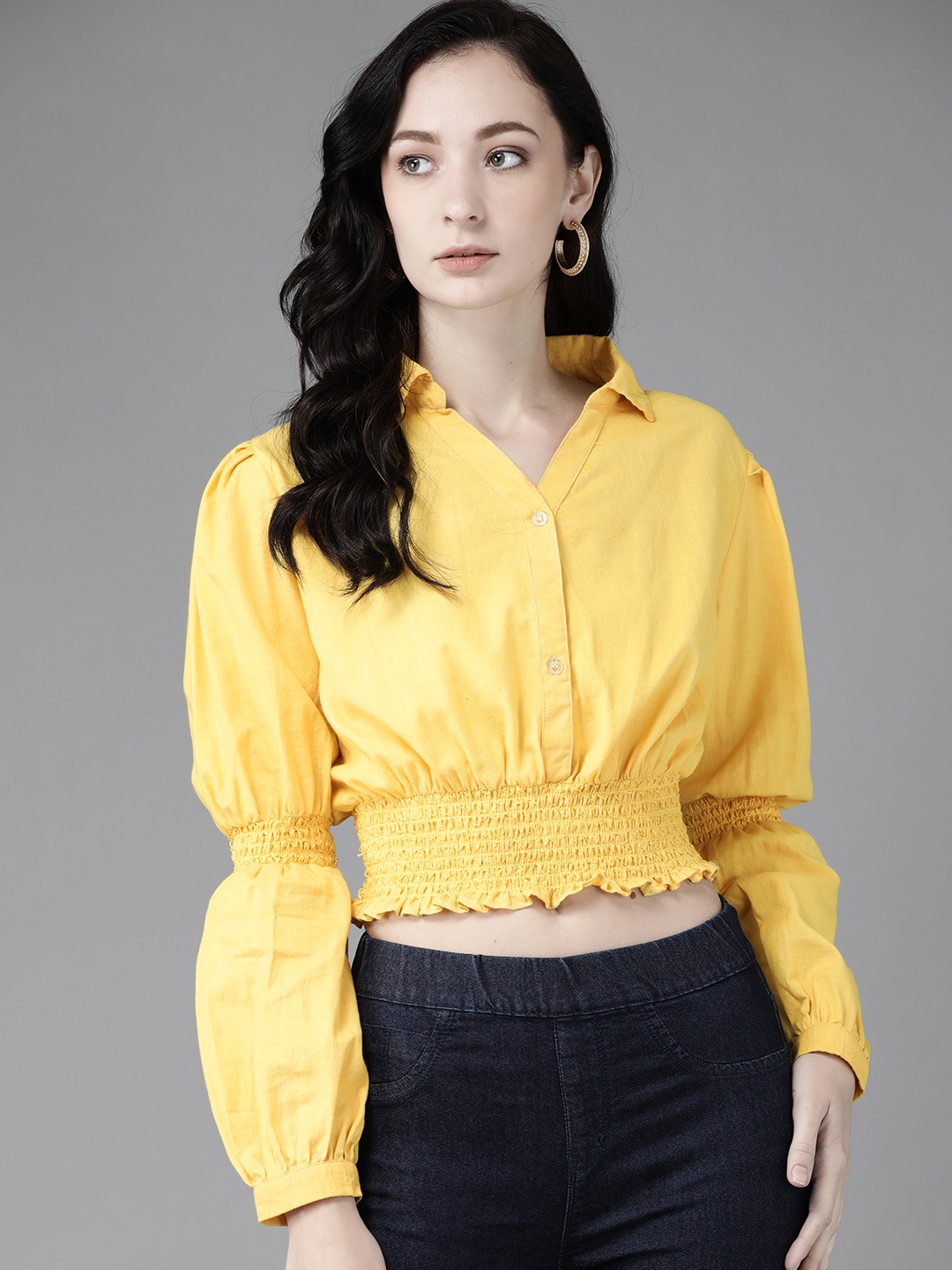 

The Dry State Yellow Blouson Smocked Cotton Crop Top