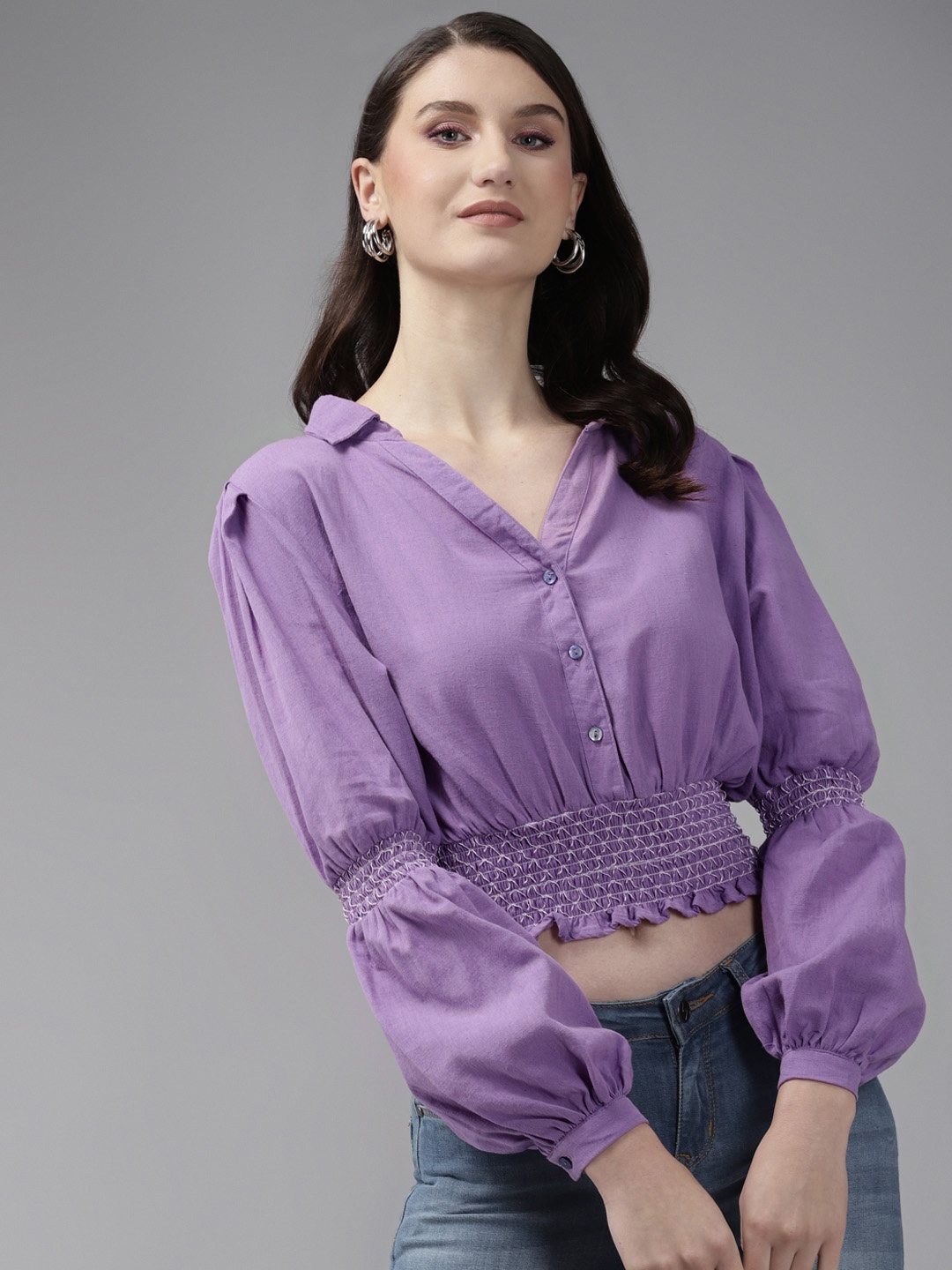 

The Dry State Lavender Bishop Sleeves Smocked Shirt Style Crop Top