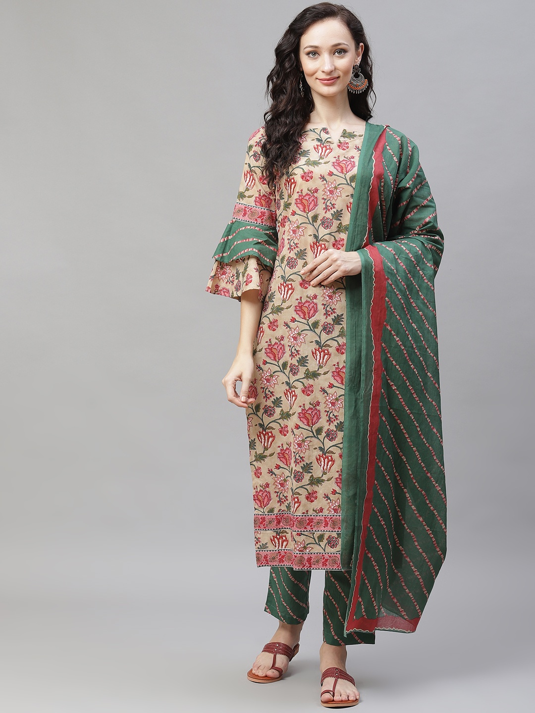 

AHIKA Women Beige Floral Printed Regular Pure Cotton Kurta with Palazzos & With Dupatta