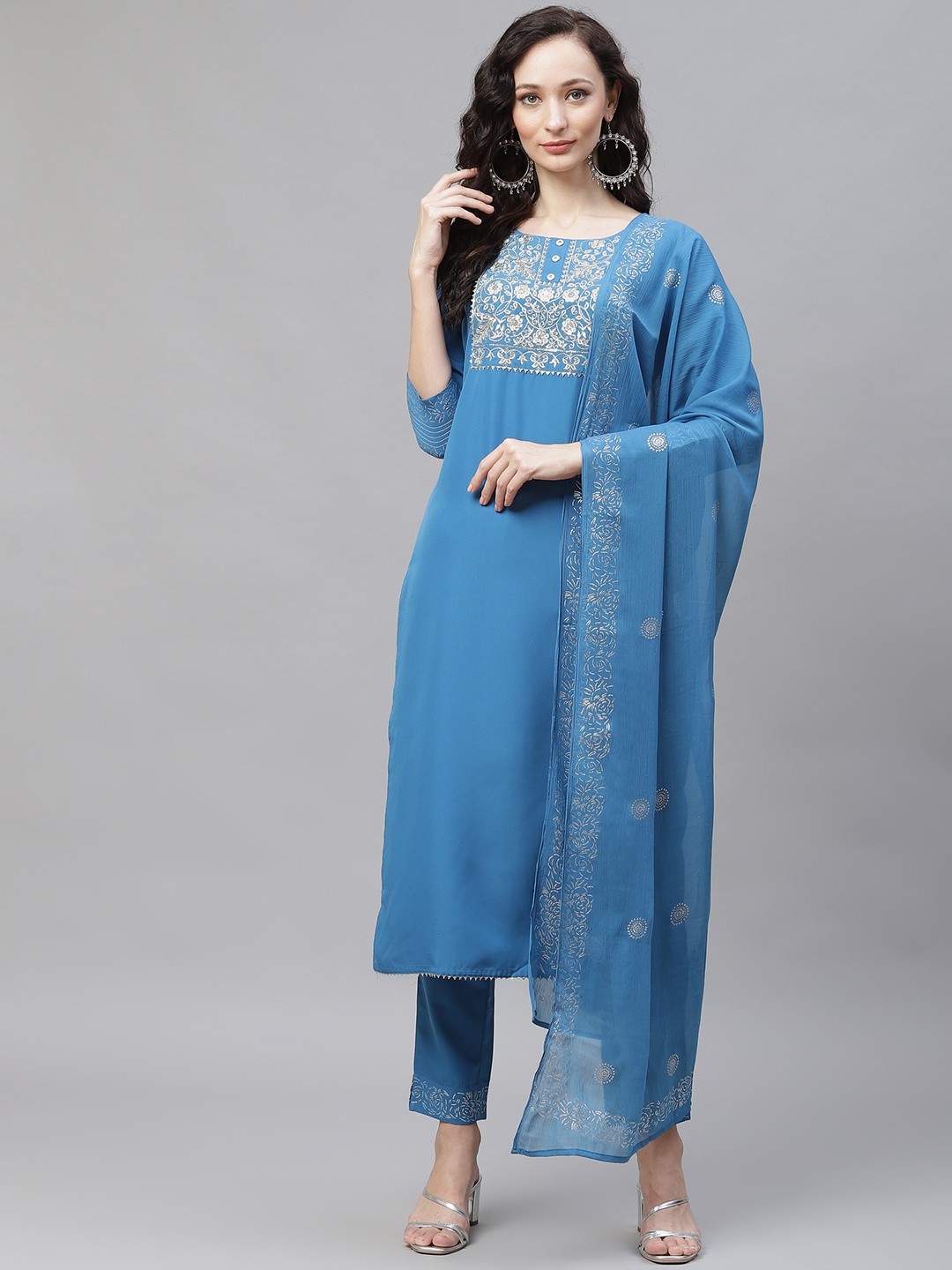 

AHIKA Women Blue Floral Yoke Design Regular Thread Work Kurta with Palazzos & With Dupatta