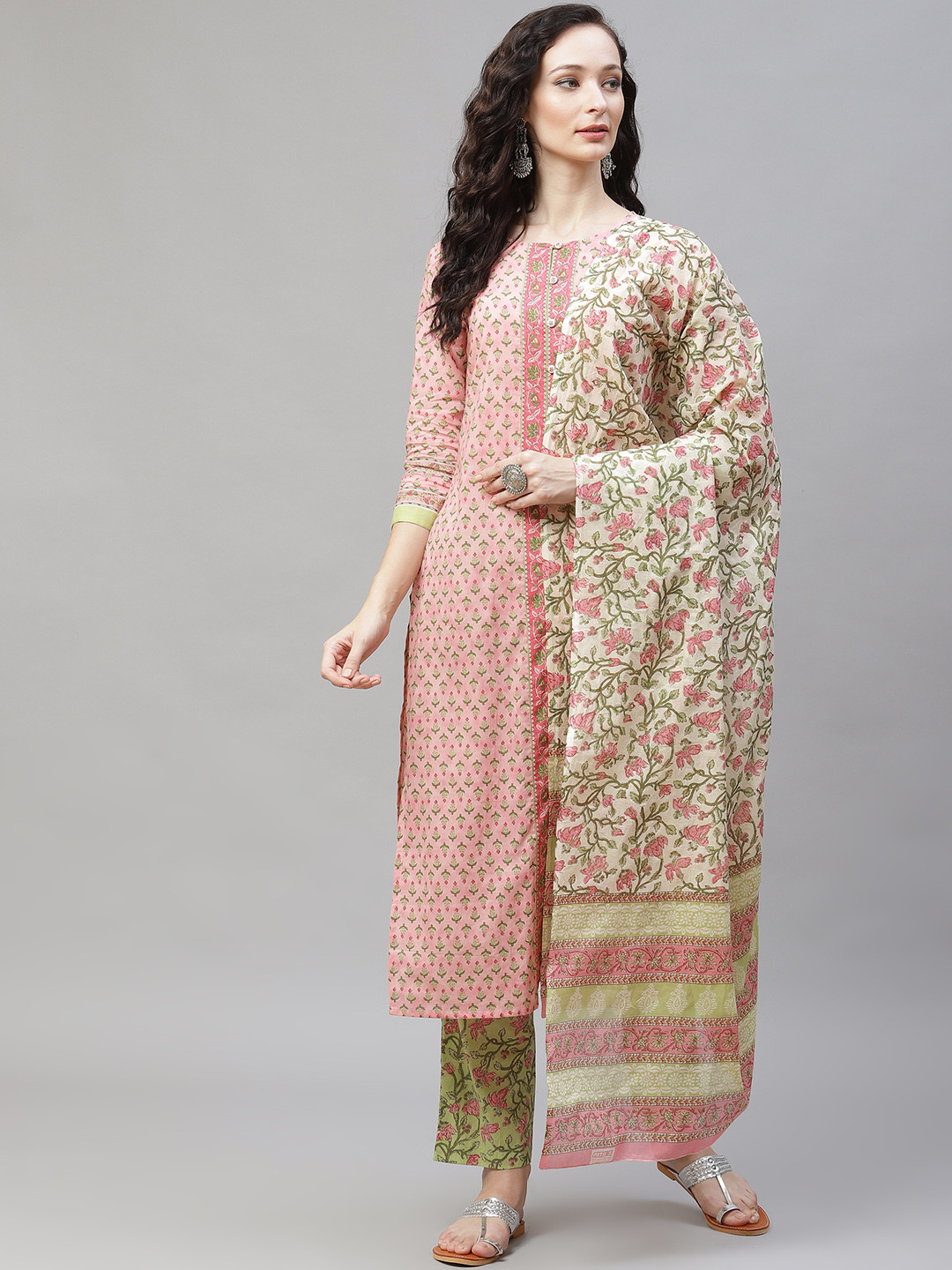 

AHIKA Women Pink Ethnic Motifs Printed Regular Pure Cotton Kurta with Palazzos & With Dupatta