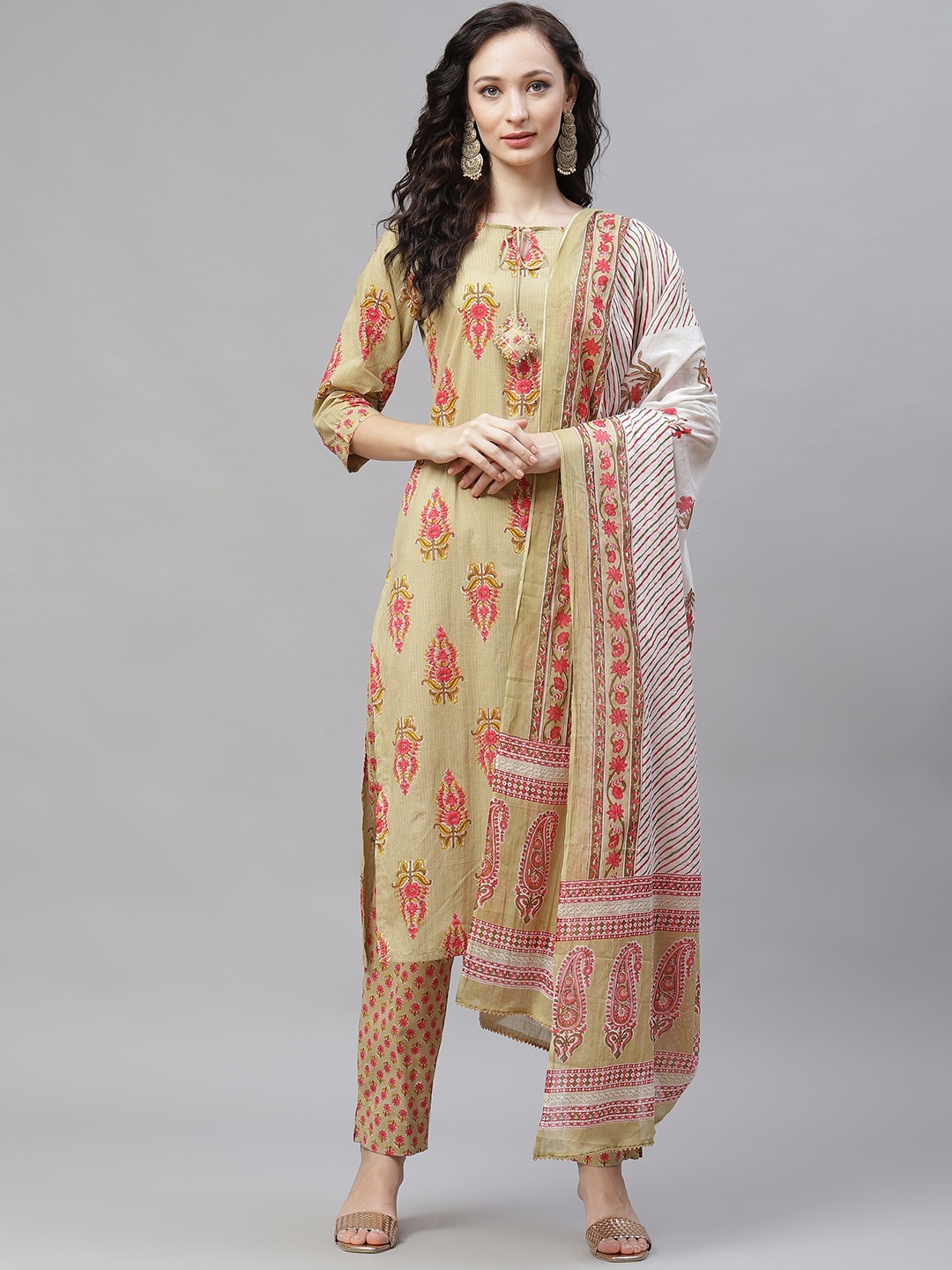 

AHIKA Women Green Ethnic Motifs Printed Regular Pure Cotton Kurta with Palazzos & With Dupatta