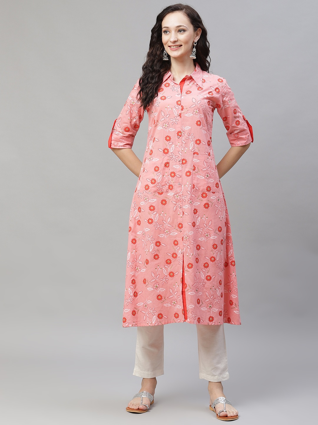 

AHIKA Women Pink & Orange Floral Printed Kurta