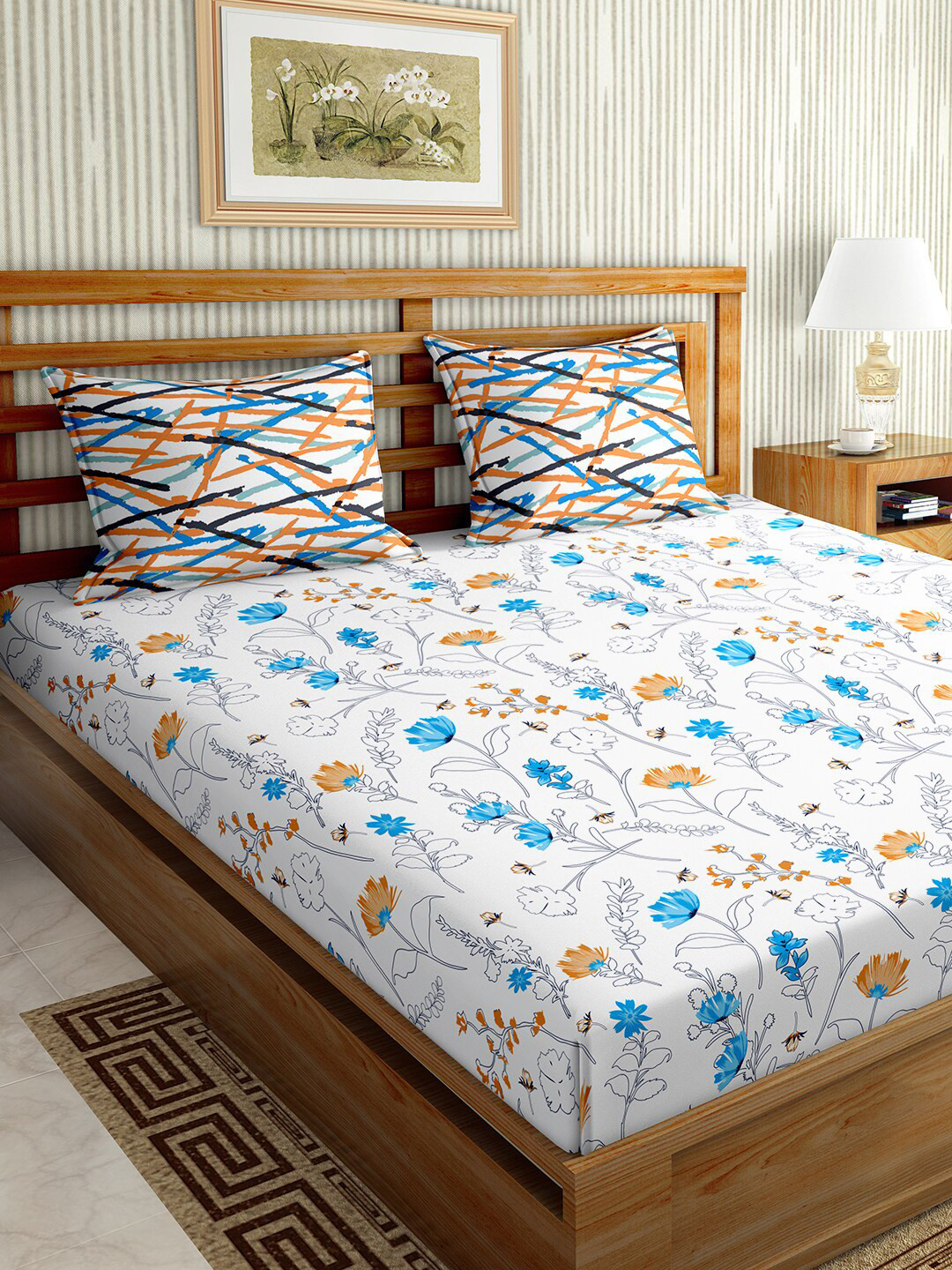 

BELLA CASA White & Blue Floral 150 TC King Bedsheet with 1 Pillow Cover
