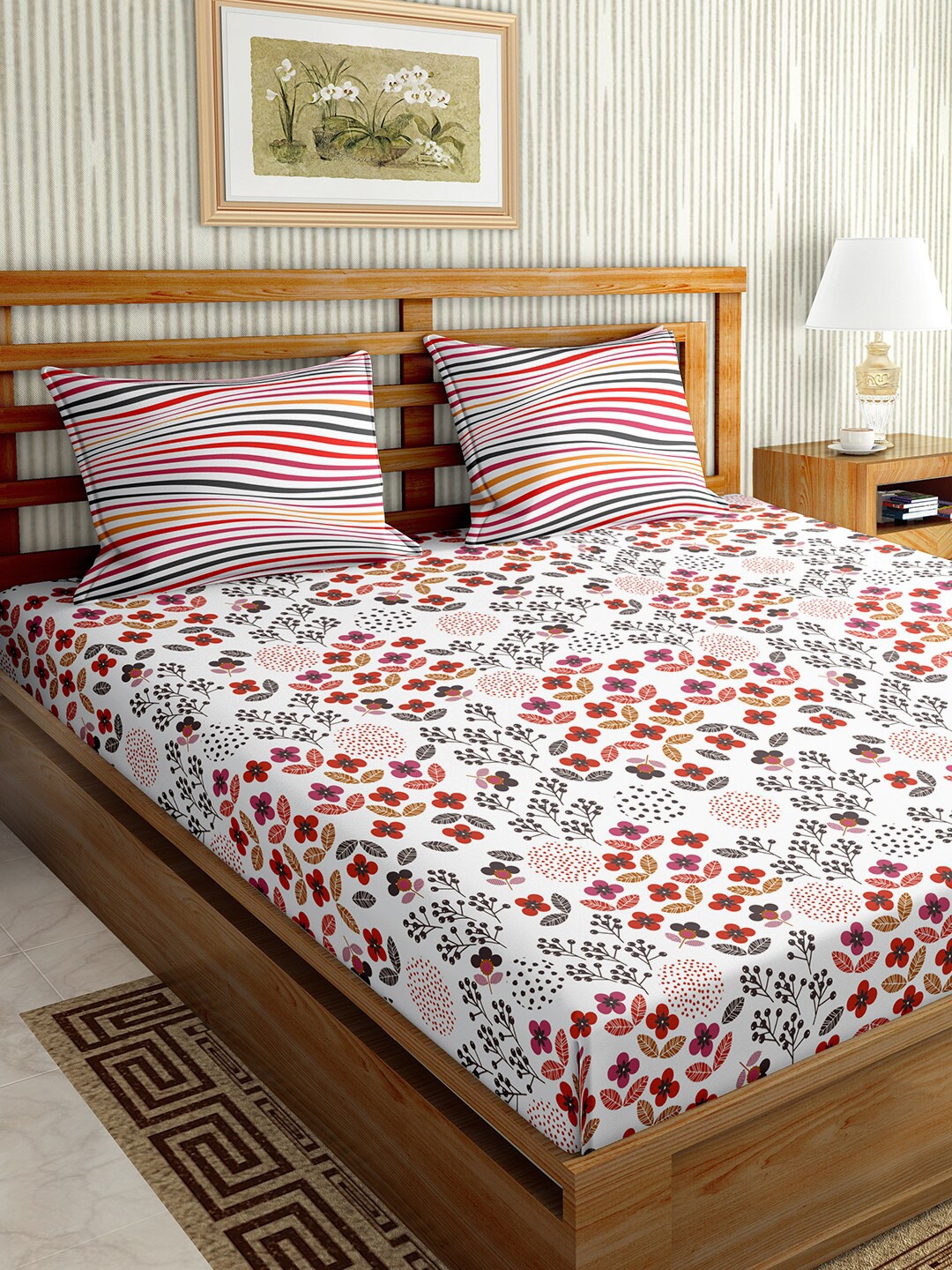 

BELLA CASA Grey & Pink Floral 150 TC King Bedsheet with 2 Pillow Covers