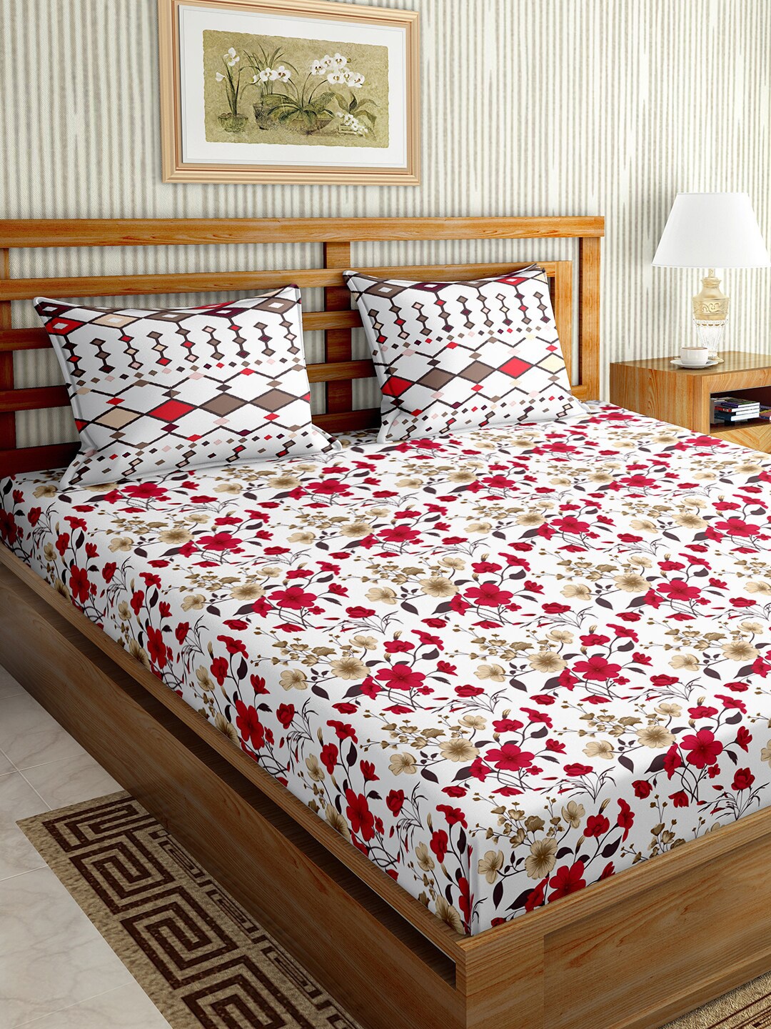 

BELLA CASA White & Red Floral 150 TC King Bedsheet with 2 Pillow Covers