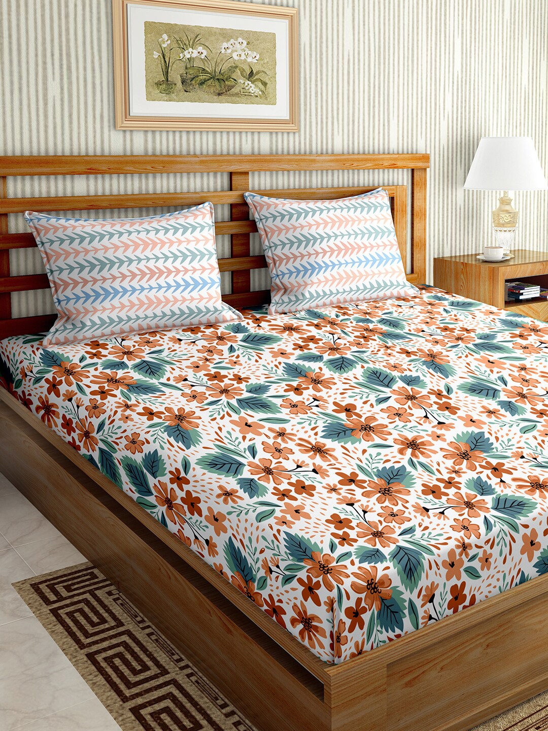 BELLA CASA Multicoloured Floral 150 TC King Bedsheet with 2 Pillow Covers, Multi
