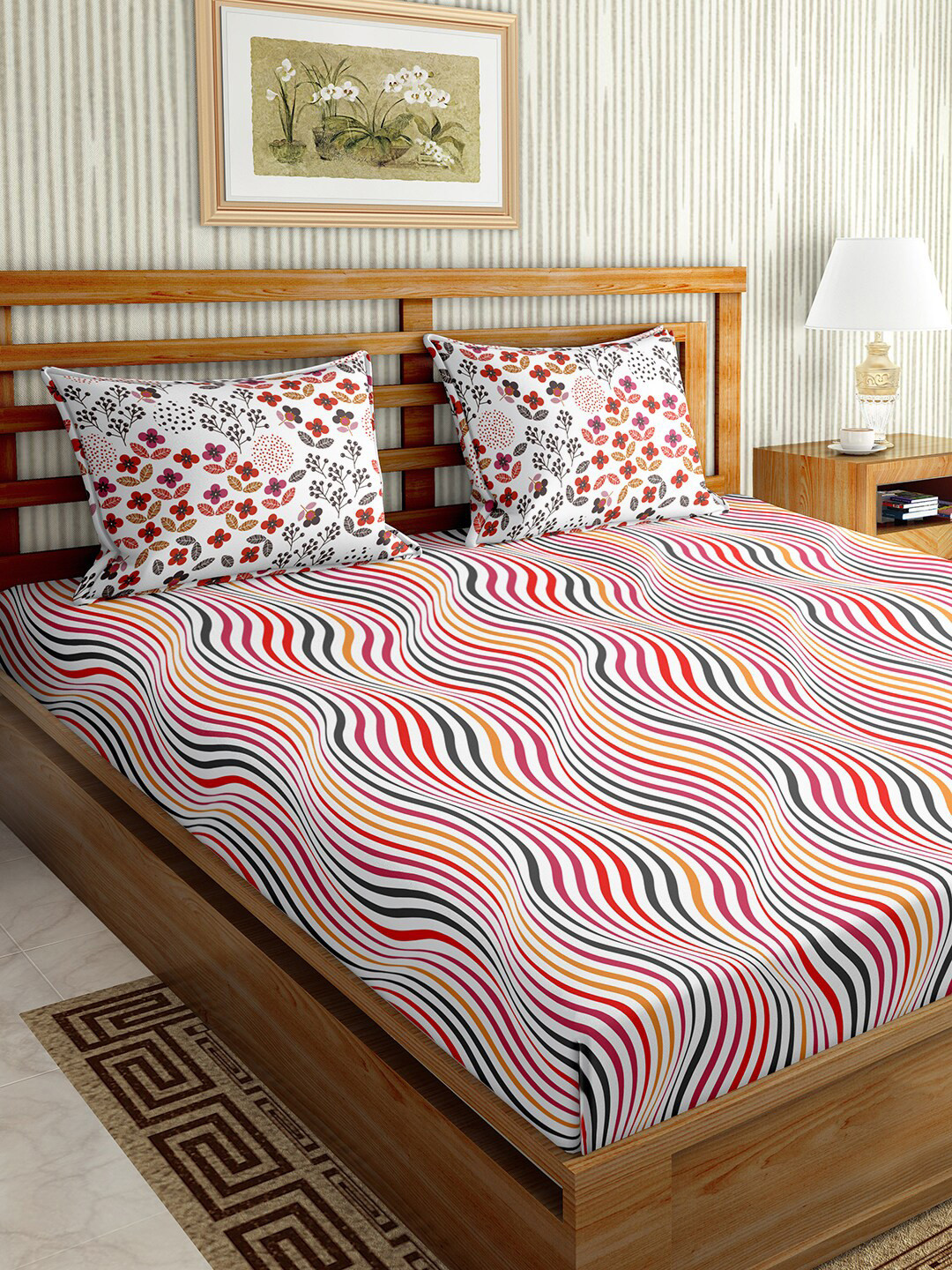

BELLA CASA White & Pink 150 TC King Bedsheet with 1 Pillow Covers