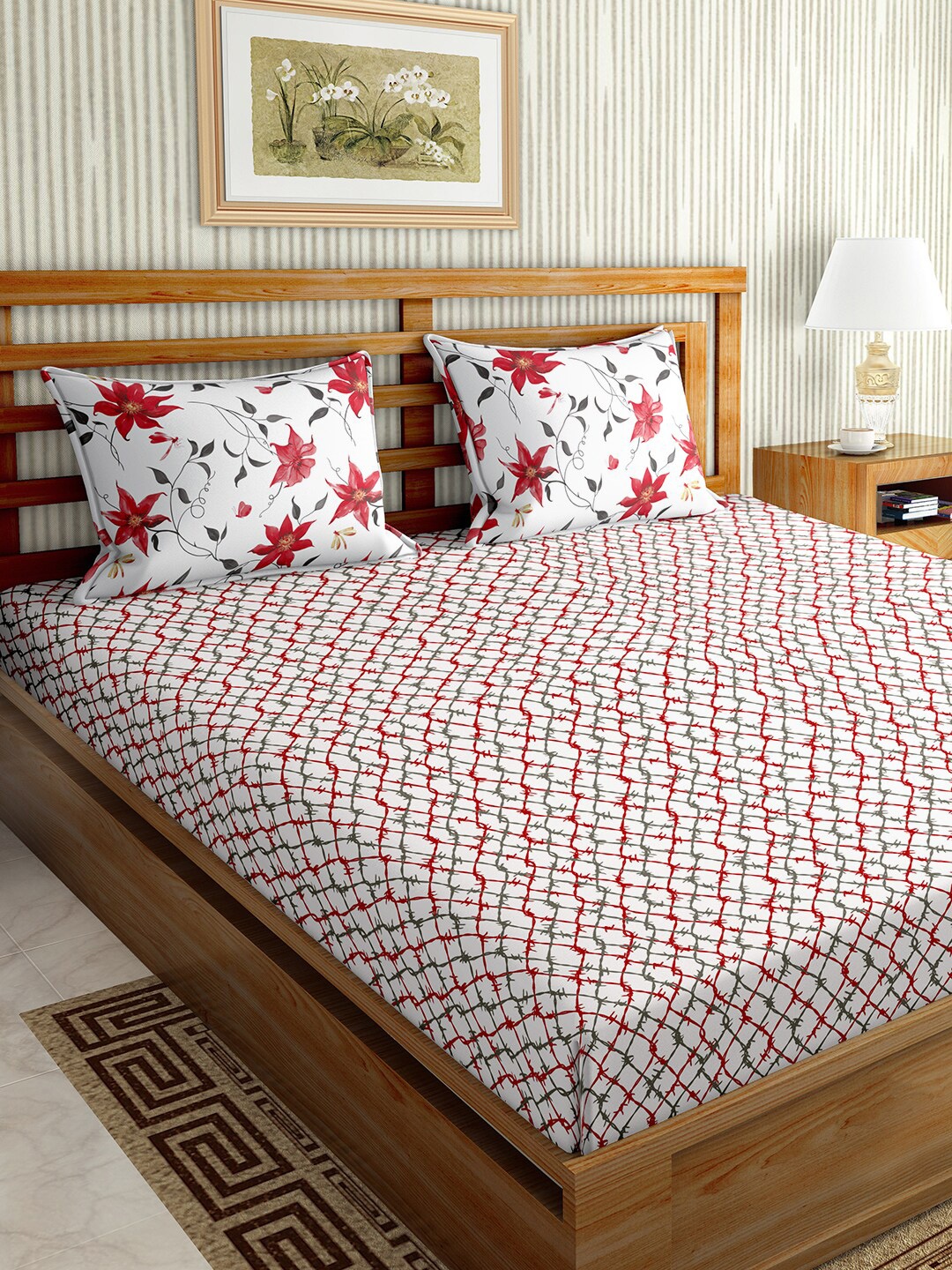 

BELLA CASA Red & White Floral 150 TC King Bedsheet with 2 Pillow Covers