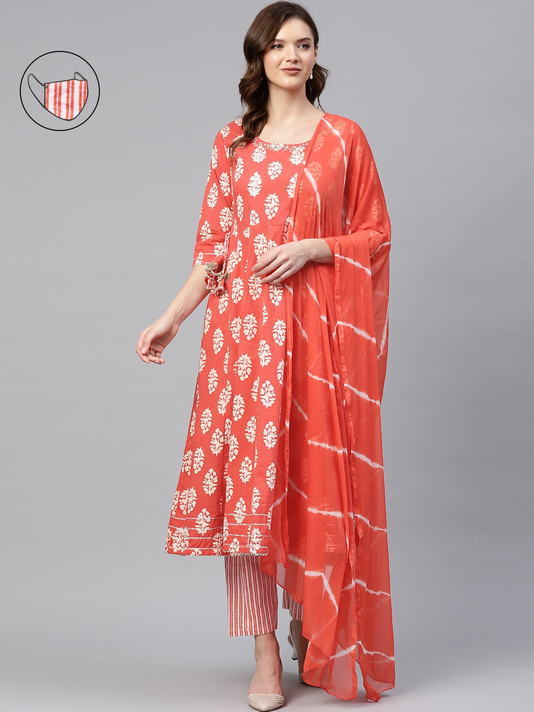 

Readiprint Fashions Women Coral Orange & White Printed Zari Kurta with Trousers & Dupatta