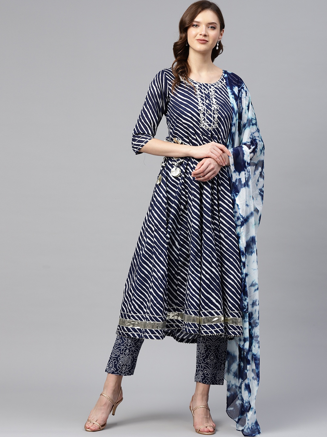 

Readiprint Fashions Women Navy Blue & White Cotton Leheriya Kurta with Trouser & Dupatta