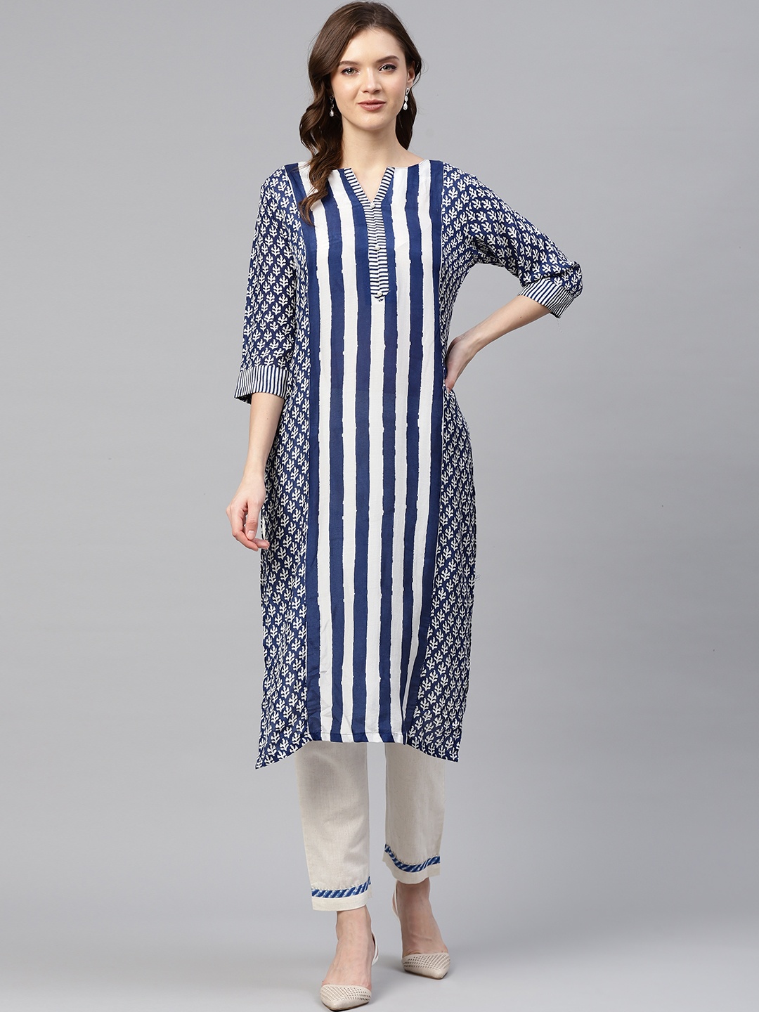 Readiprint Fashions Women Blue & White Striped Regular Kurta with Trousers
