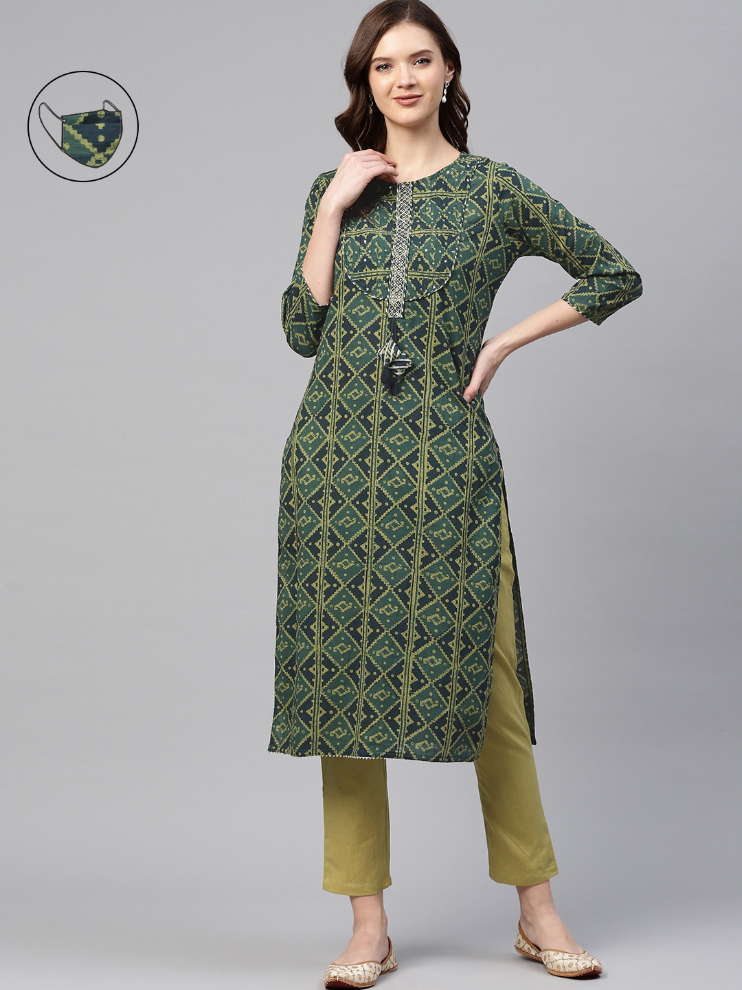 

Readiprint Fashions Women Green Bandhani Printed Kurta with Trousers & Face Mask