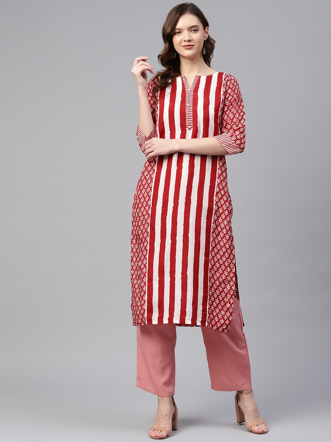 

Readiprint Fashions Women Maroon & White Striped & Floral Print Cotton Silk Straight Kurta