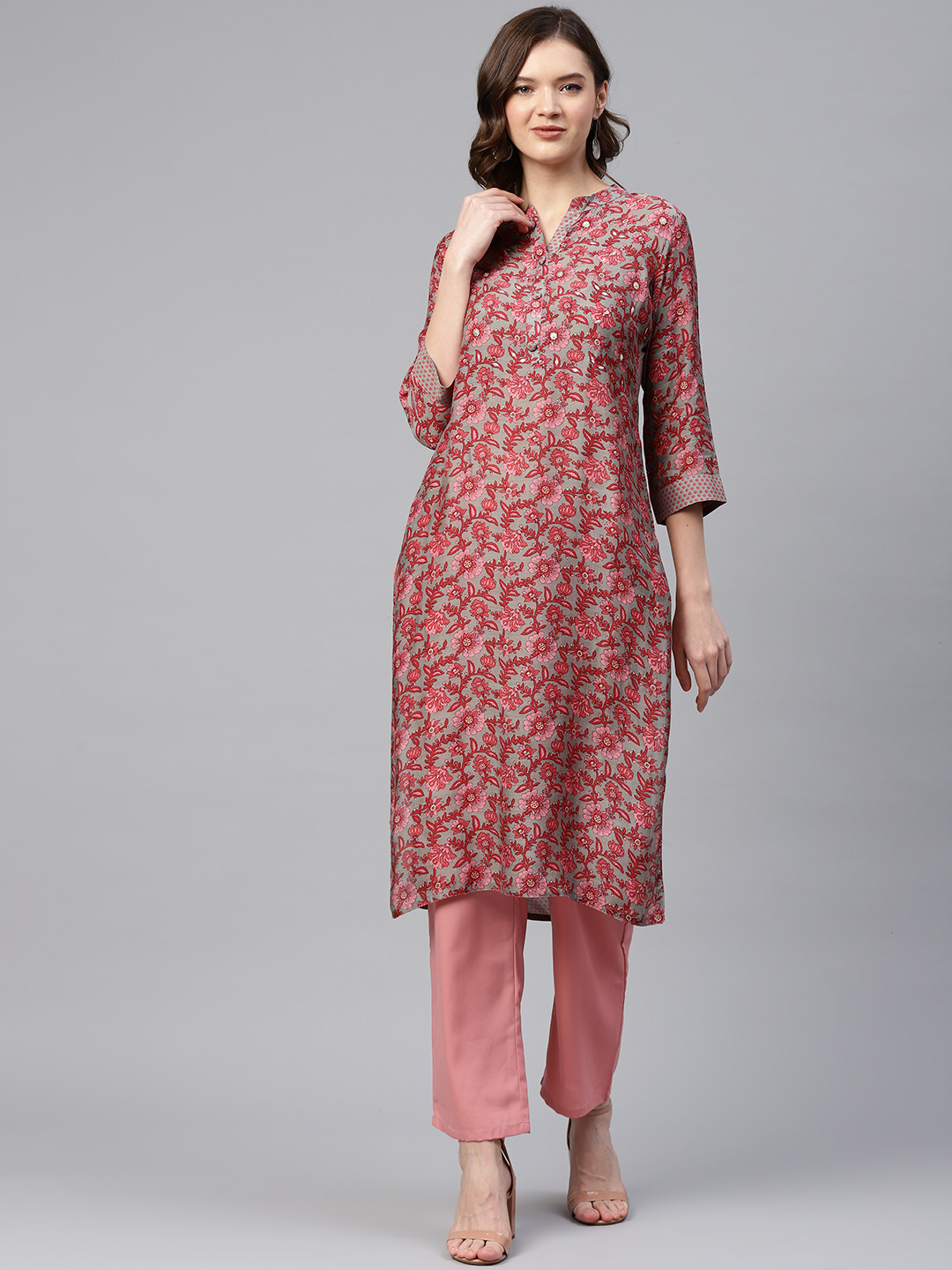 

Readiprint Fashions Women Grey & Pink Floral Print Stones & Beads Straight Kurta