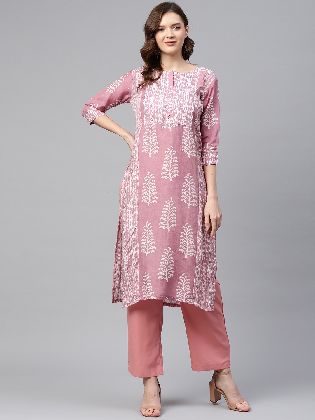 

Readiprint Fashions Women Mauve & White Ethnic Motifs Print Cotton Silk Kurta