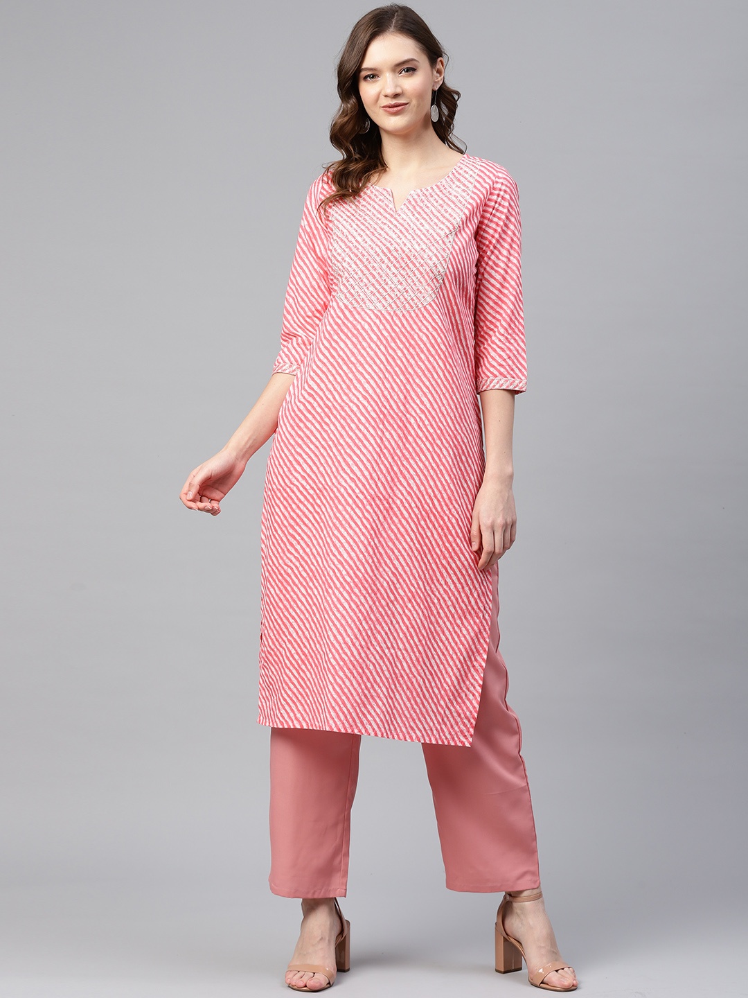 

Readiprint Fashions Women Pink & White Leheriya Print & Embroidered Cotton Kurta