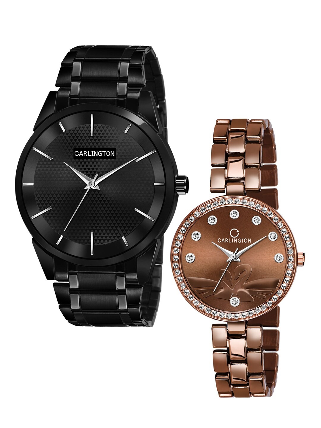 

CARLINGTON Unisex Set of 2 Stainless Steel Straps Analogue Watches, Black