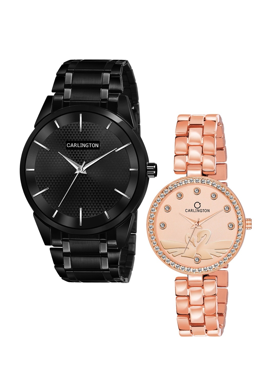 

CARLINGTON Unisex Set of 2 Stainless Steel Straps Analogue Watches, Black