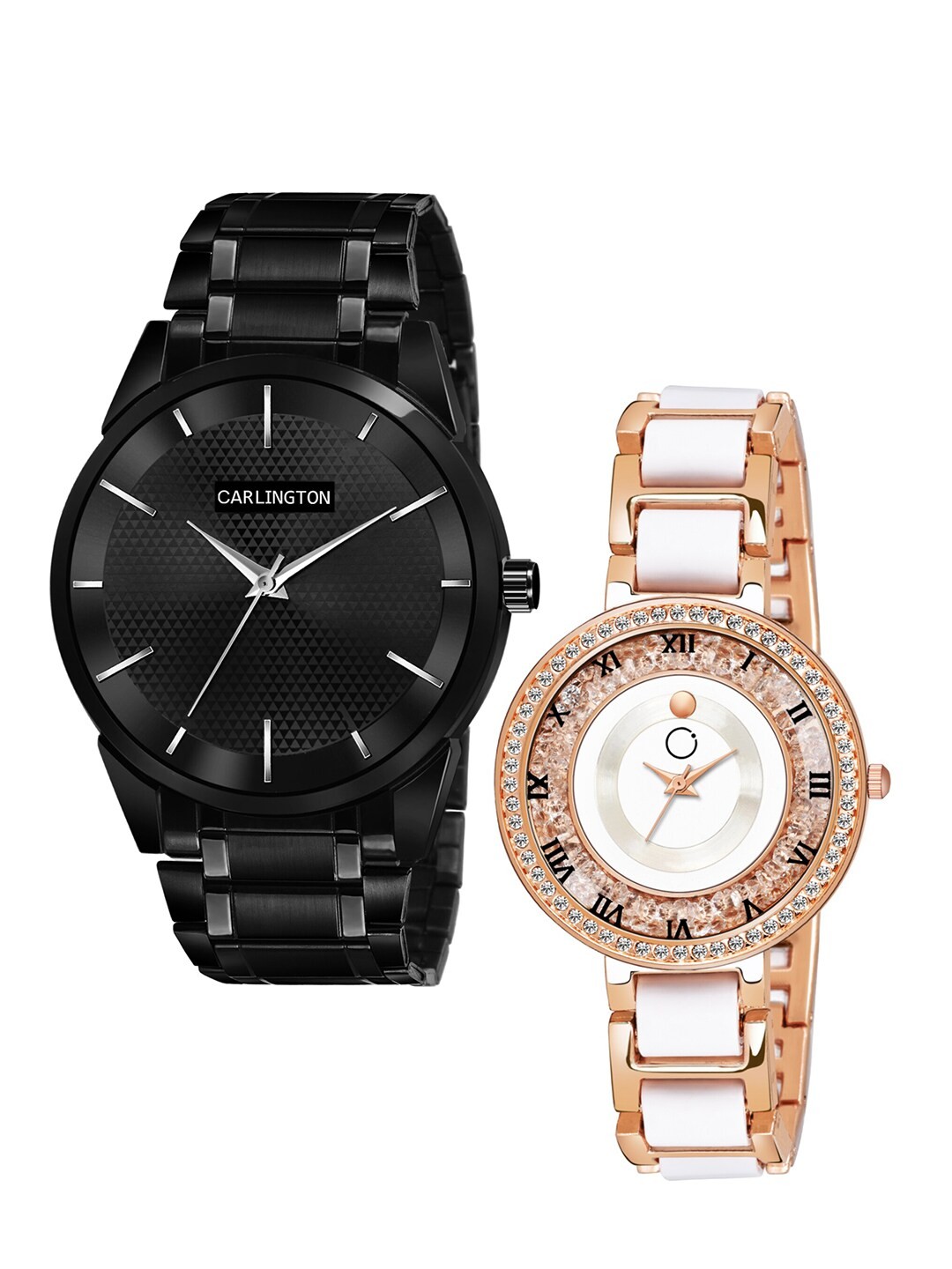 

CARLINGTON Unisex Set of 2 Stainless Steel Straps Analogue Watches, Black