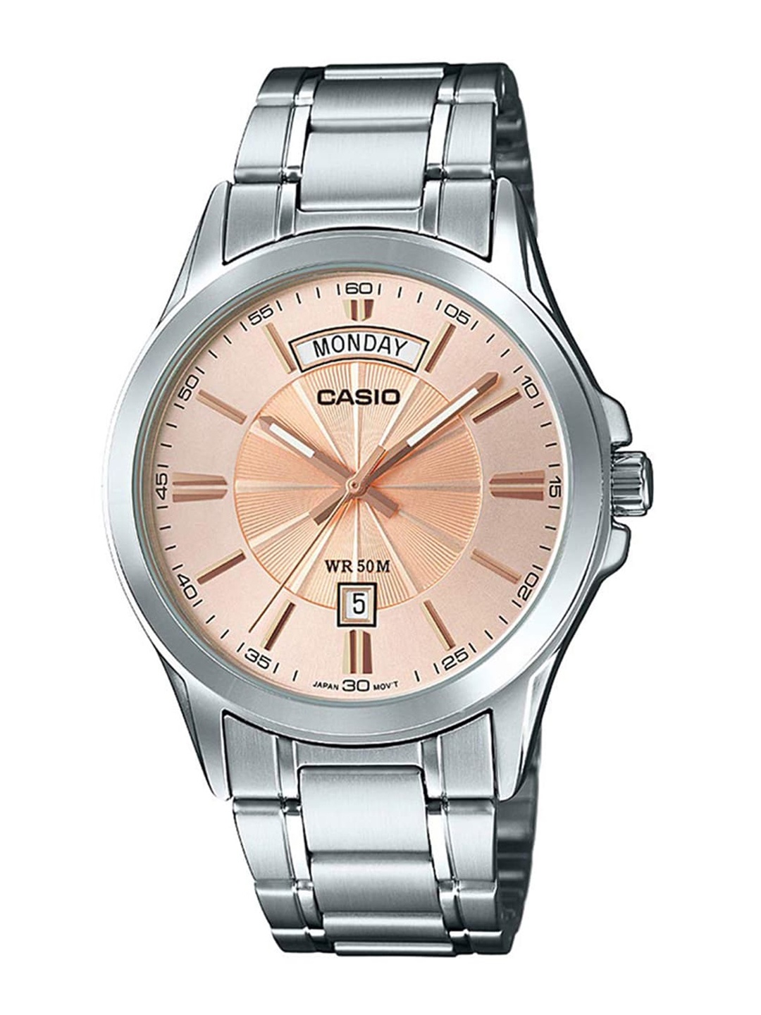

CASIO Men Rose Gold-Toned Dial & Silver Toned Stainless Steel Bracelet Style Straps Analogue Watch