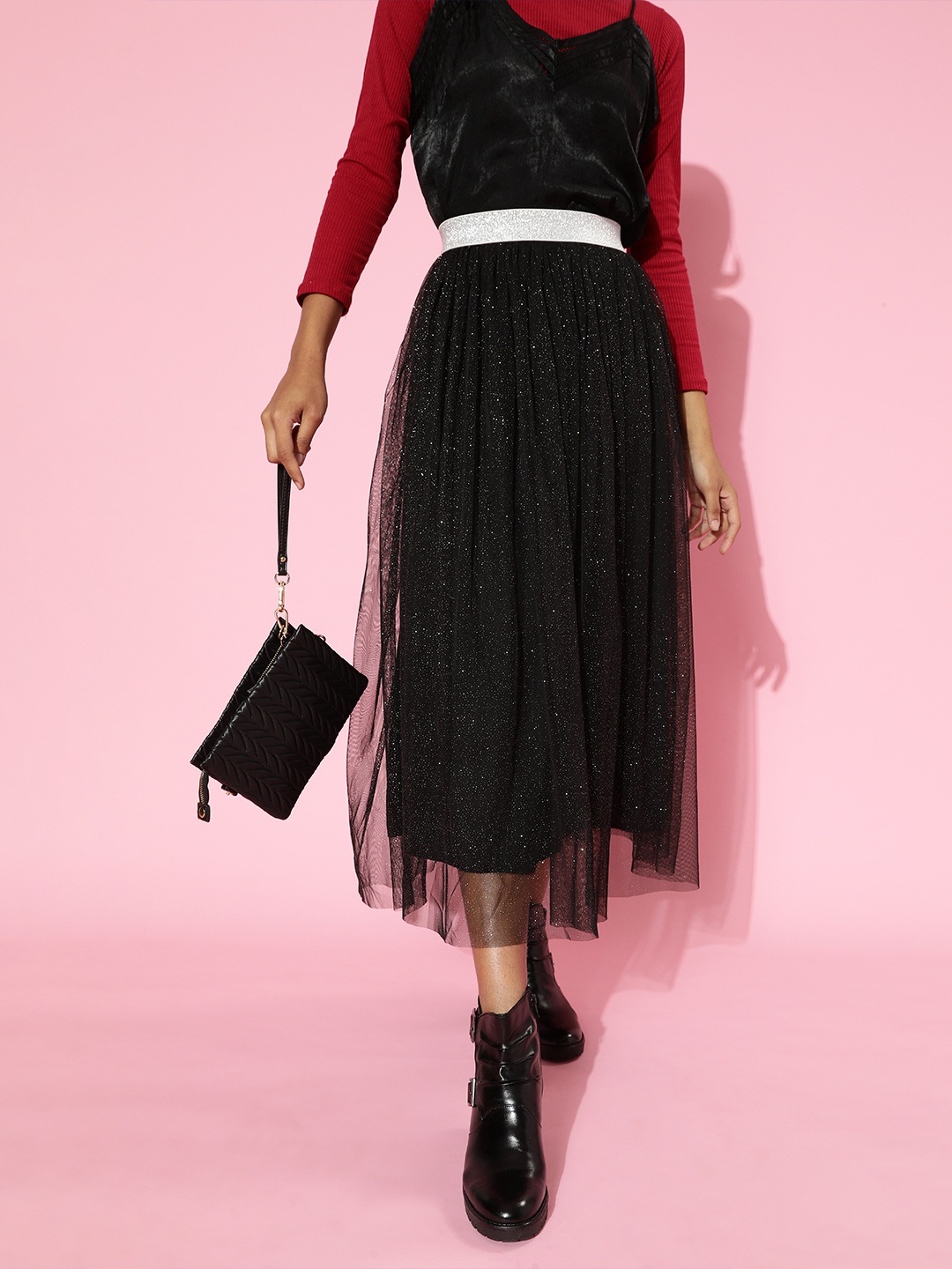 

SASSAFRAS Black Mesh Lurex Maxi Skirt