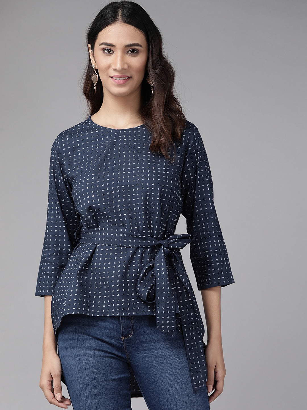 

YASH GALLERY Navy Blue & White Geometric Printed High-Low Top