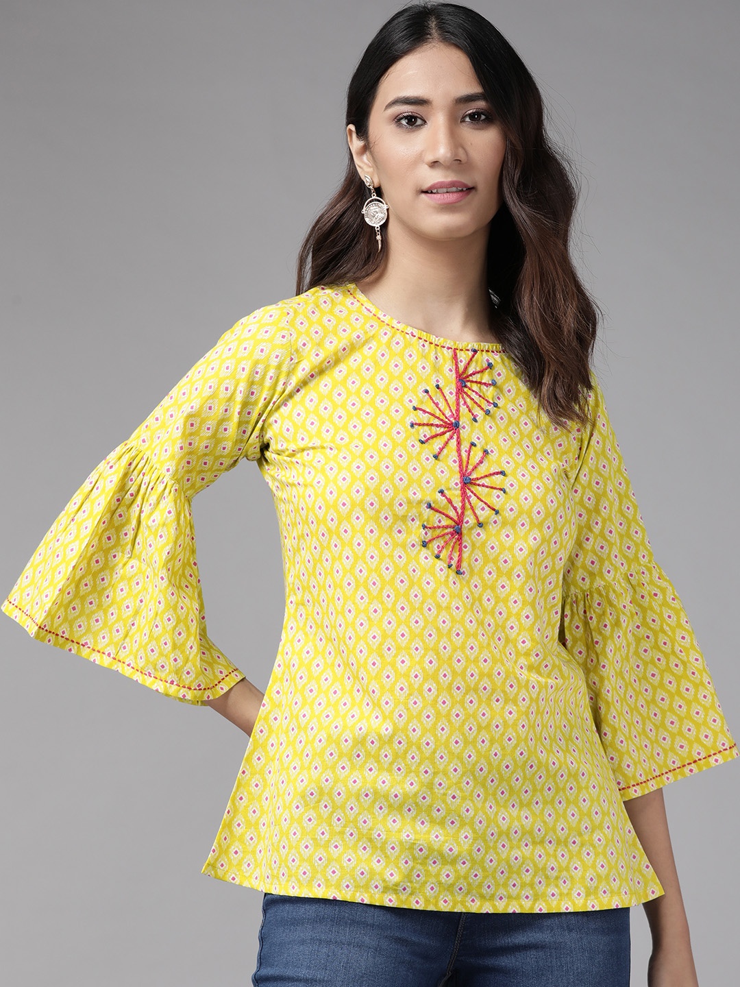 

YASH GALLERY Yellow & Pink Printed Top With Embroidered Detail