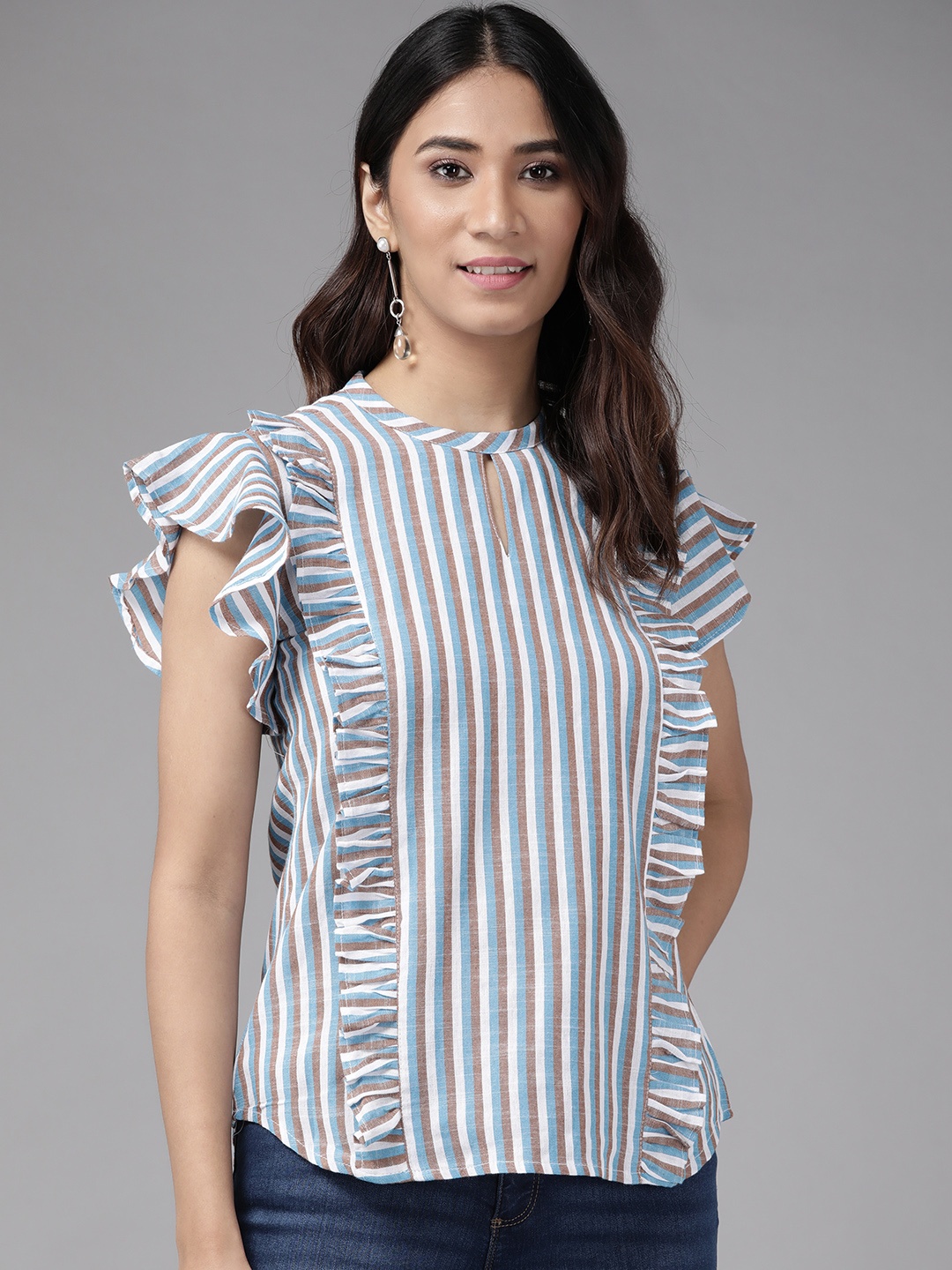 

YASH GALLERY White & Blue Striped Keyhole Neck Ruffles Regular Top