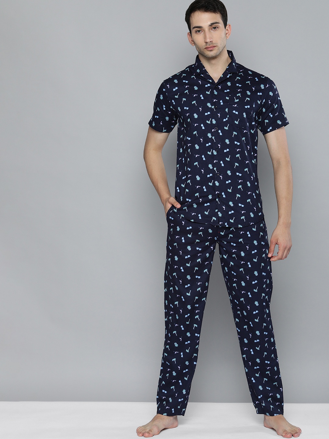 

The Indian Garage Co Men Navy Blue & Blue Printed Night suit