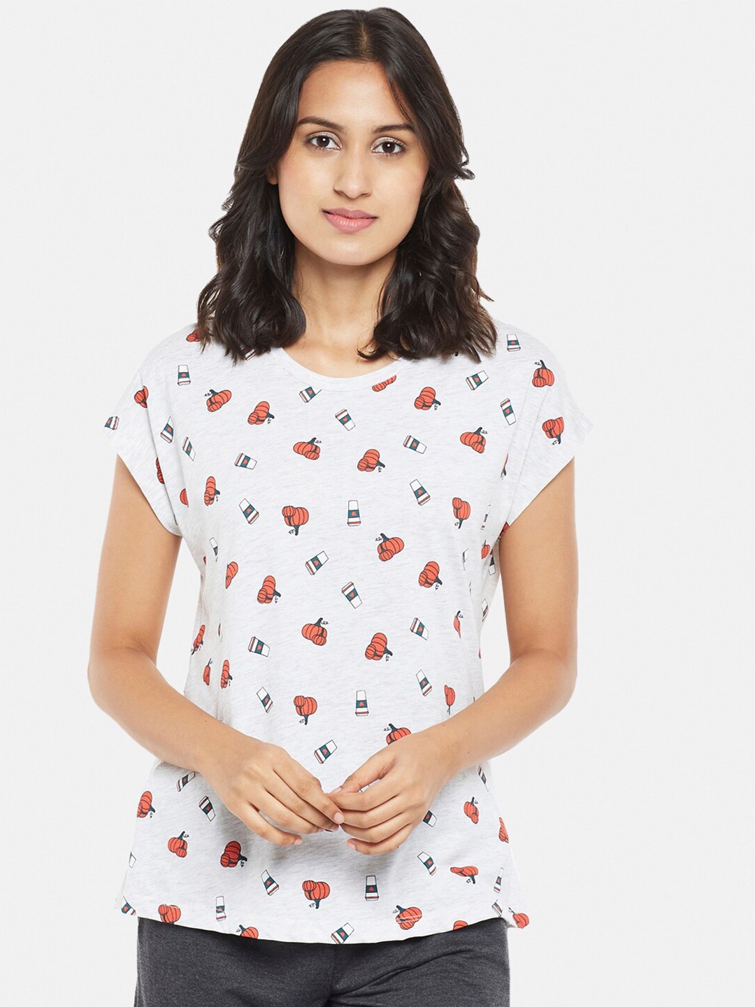 

Dreamz by Pantaloons Women Grey Melange Printed V-Neck Extended Sleeves Applique Lounge T-shirt