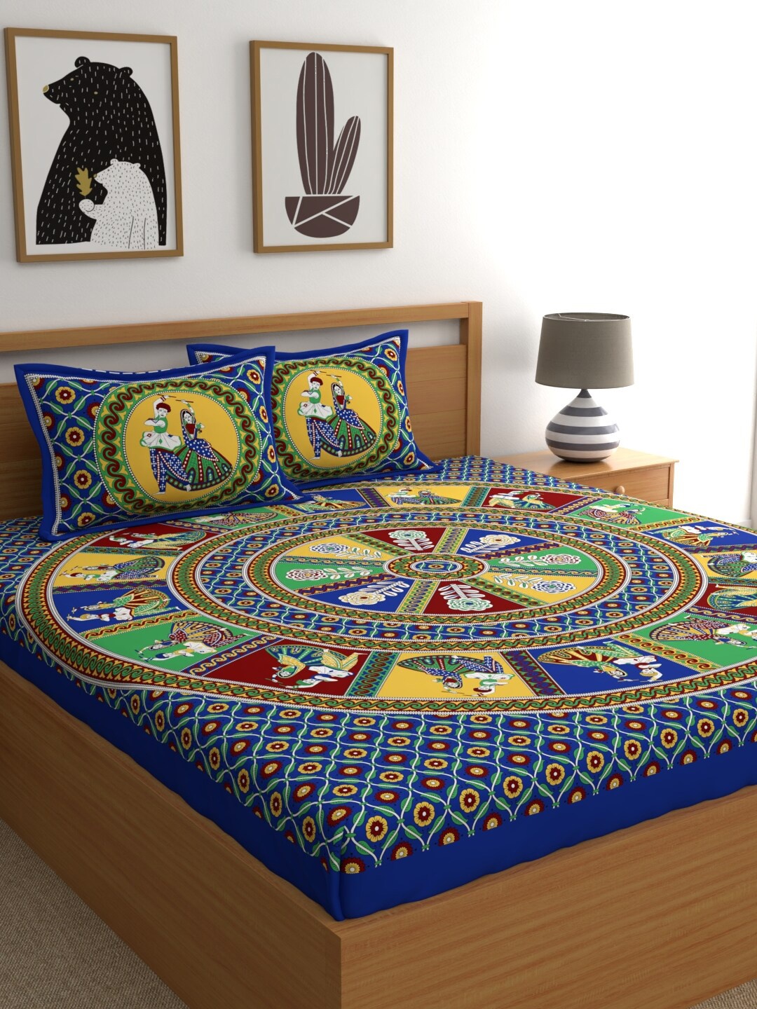 

LA VERNE Blue & Yellow Ethnic Motifs 104 TC Queen Bedsheet with 2 Pillow Covers