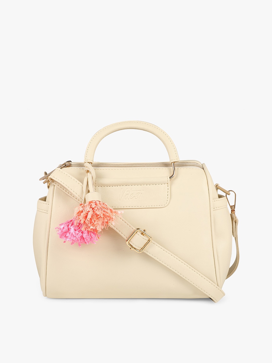 

Vdesi Cream-Coloured PU Structured Handheld Bag with Tasselled