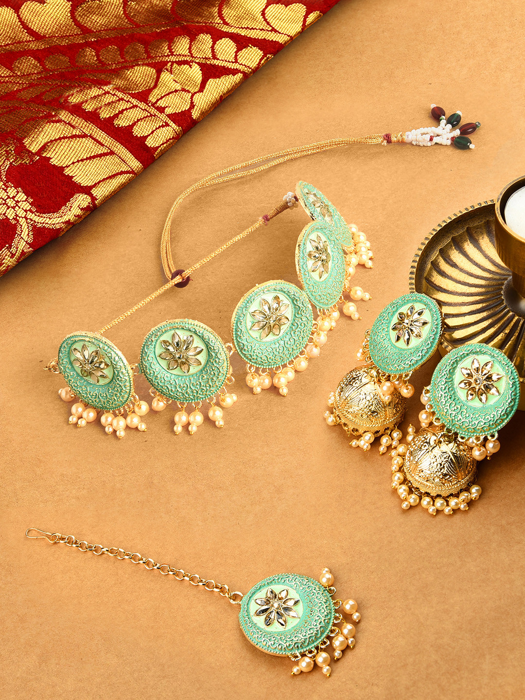 

Zaveri Pearls Women Gold-Plated Brown Stone-Studded Green Meenakari Jewellery Set