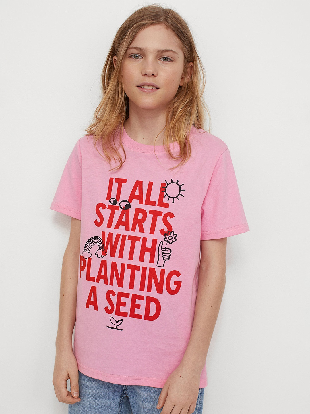 

HM Girls Pink Printed Pure Cotton T-shirt