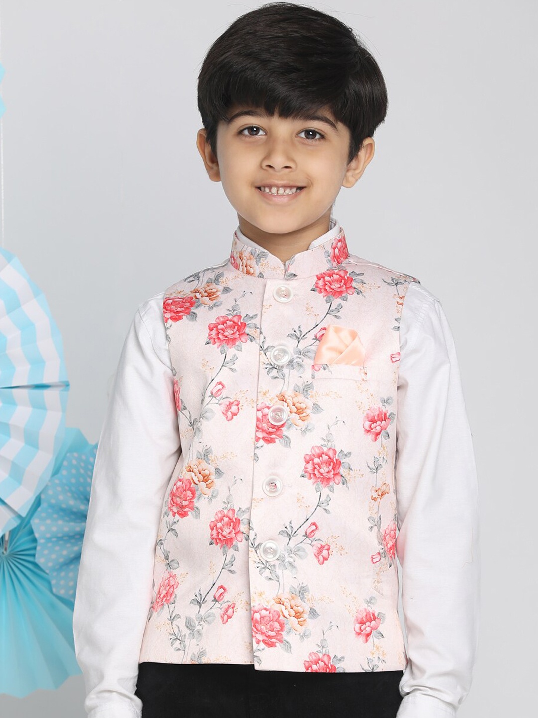 

VASTRAMAY Boys Peach-Coloured & Pink Digital Printed Slim-Fit Woven Nehru Jacket