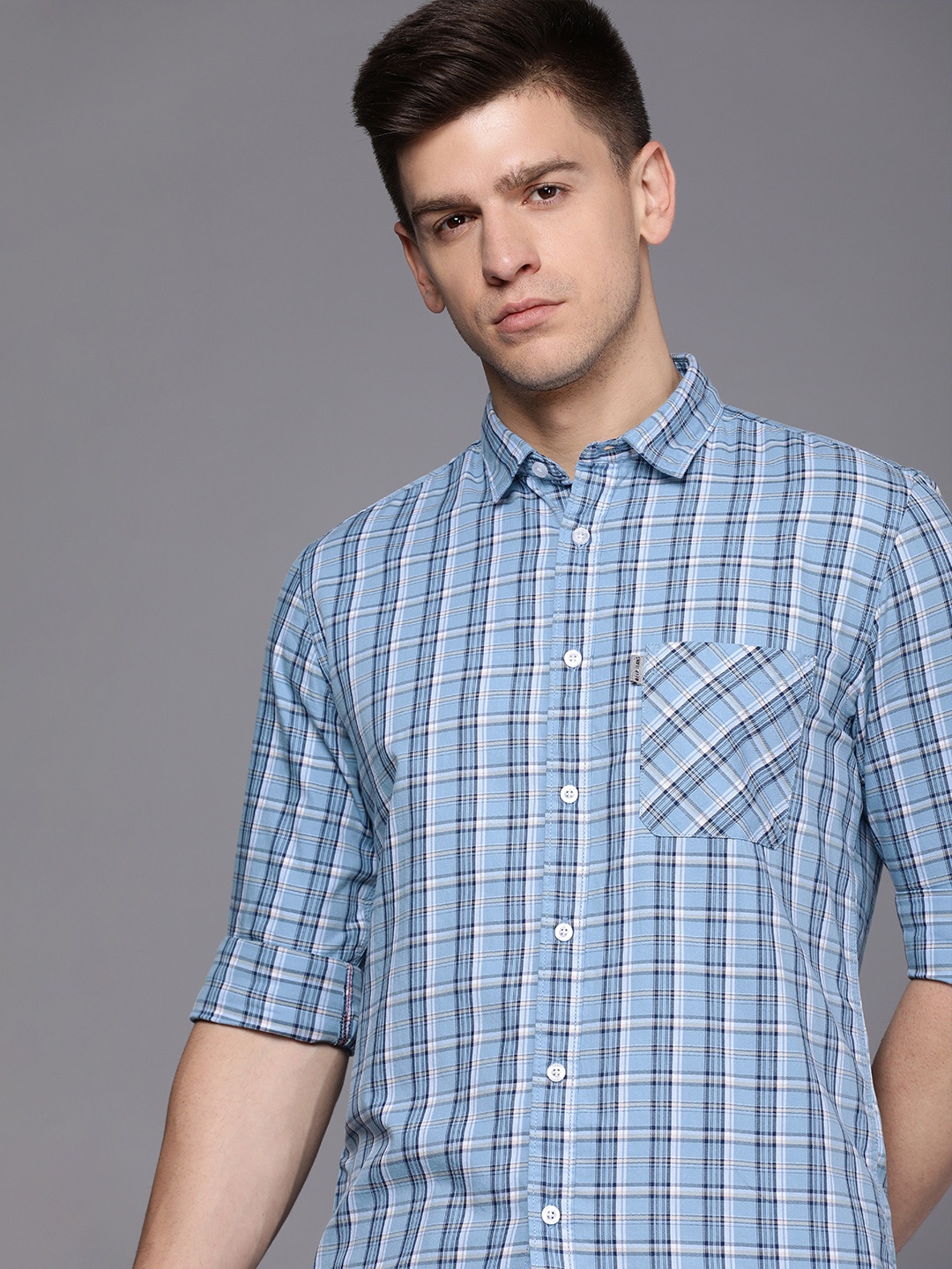 

Louis Philippe Jeans Men Blue Slim Fit Checked Pure Cotton Casual Shirt
